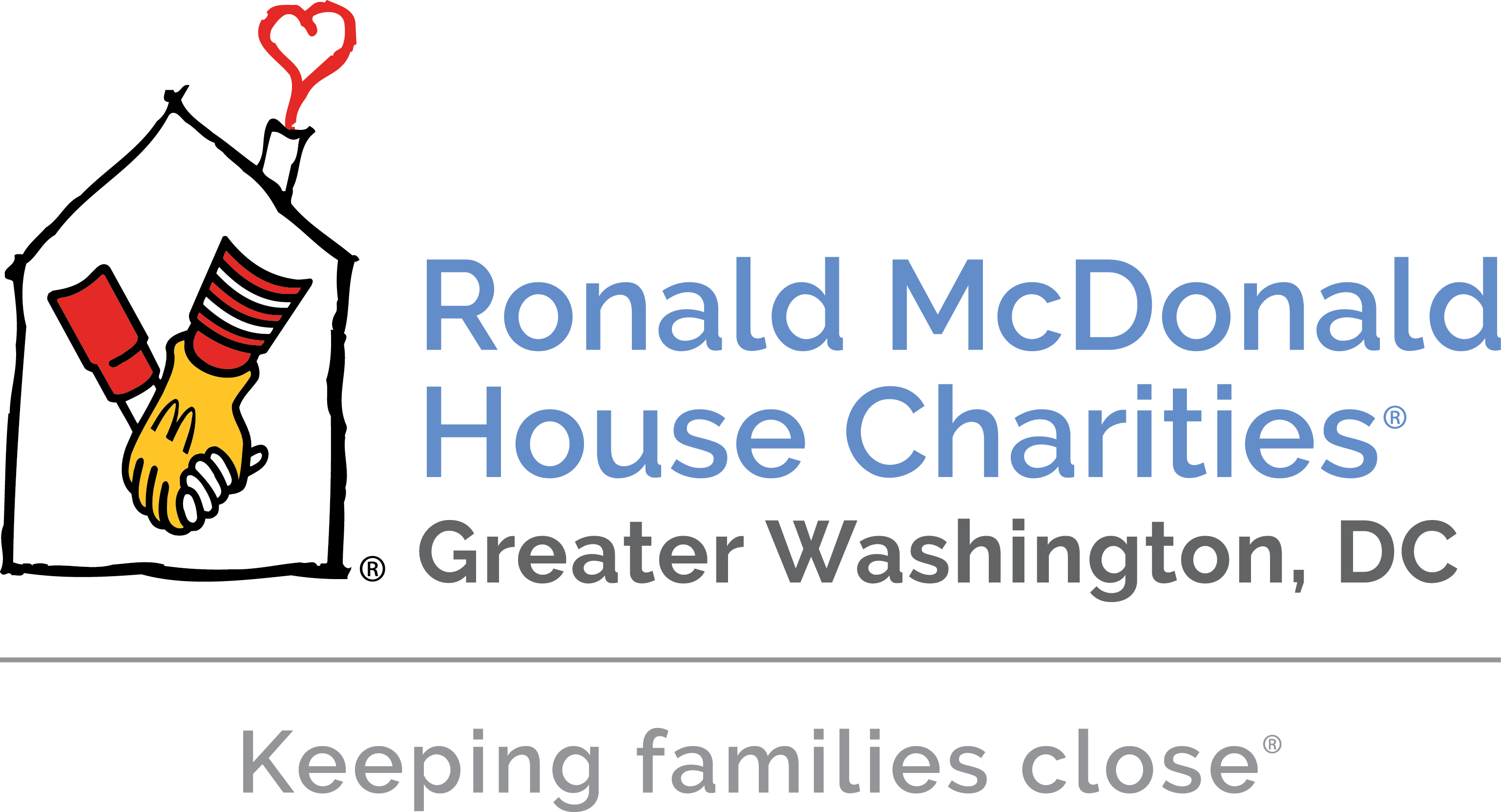 Ronald McDonald House Charities Greater Washington, DC logo with a house and shaking hands illustration, and the tagline "Keeping families close.