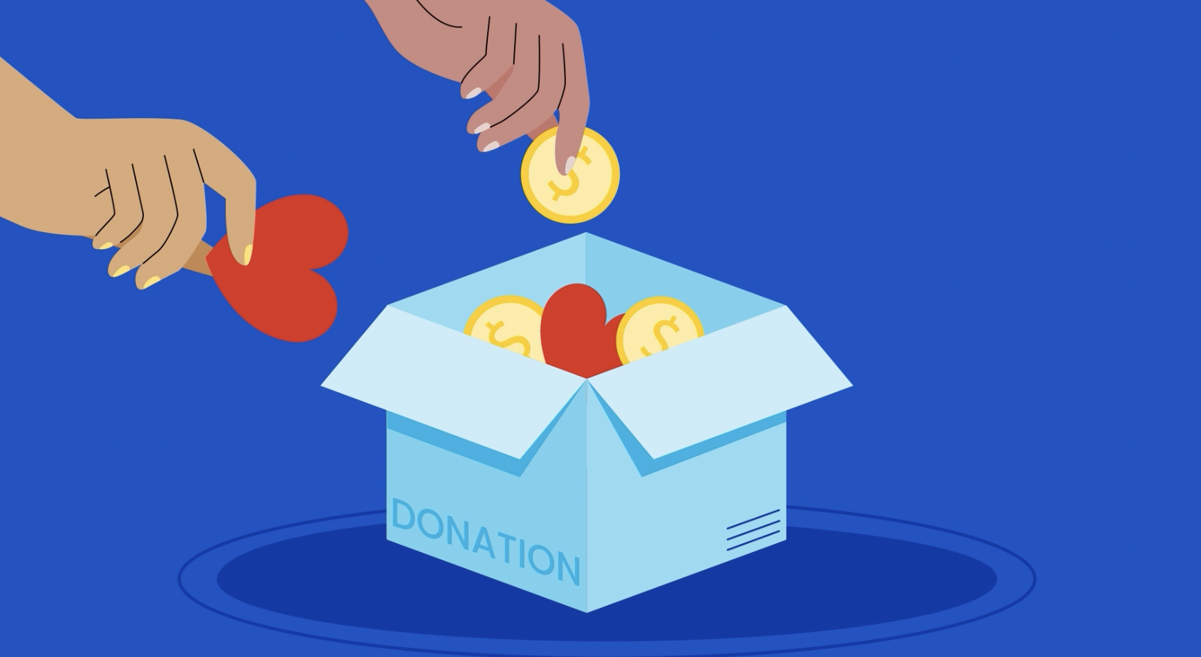 http://two%20hands%20putting%20coins%20into%20a%20box%20on%20a%20blue%20background.